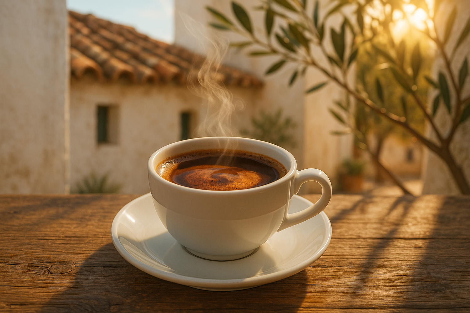 CAFÉ CON NOTAS A CHOCOLATE DE MANERA REALISTA, HAZ UNA TAZA BLANCA Y ALGUN FONDO MEDITERRANEO 