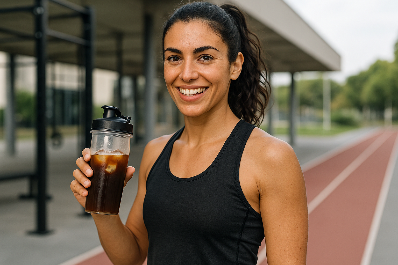 cambia la taza por un vaso de plastico deportivo donde se vea un cafe con hielo