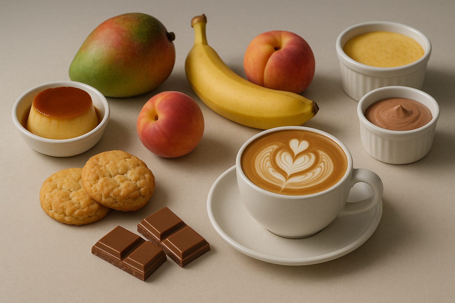 haz una imagen realista de una mesa minimalista con una taza de café latteada blanca junto a Bizcochos caseros, Chocolate con leche, Frutas maduras (mango, plátano, melocotón) y flanes, natillas o mousse.