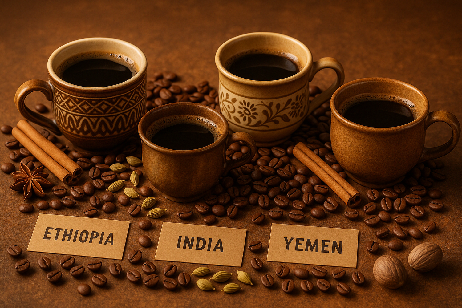 Haz una imagen realista que represente lo siguiente: Algunos países productores de café son especialmente reconocidos por sus perfiles especiados: Etiopía, India, Yemen y Guatemala