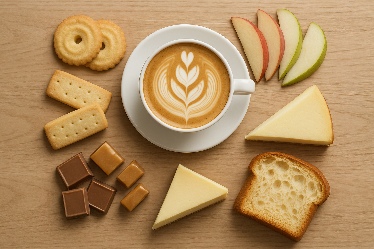 Maridajes recomendados para cafés con notas a caramelo 🍰

Para potenciar su perfil dulce y equilibrado, te recomendamos combinarlos con:

Galletas de mantequilla o shortbread.

Postres de manzana o pera.

Tartas de queso suaves.

Chocolate con leche o toffee.

Pan brioche o bollería artesanal. haz una imagen realista con todo ello en una mesa minimalista y una taza blanca latteada